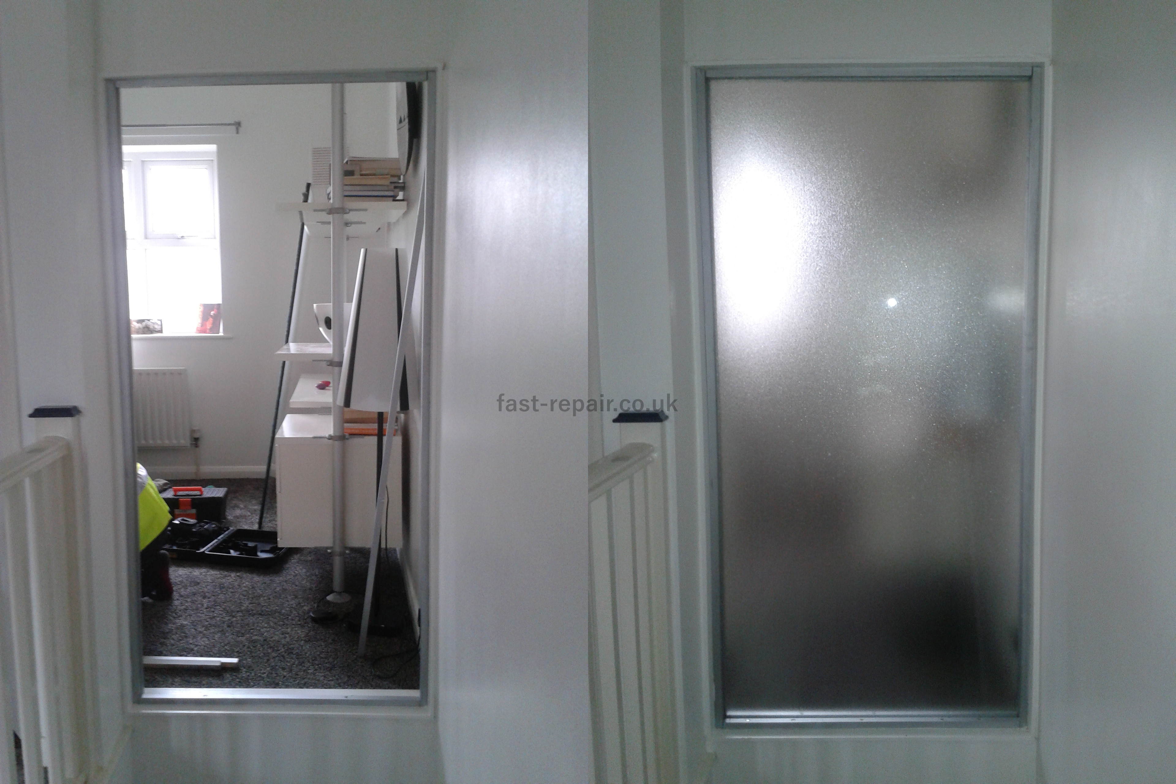 replacing staircase door glass in Poplar with frosted privacy stippolyte