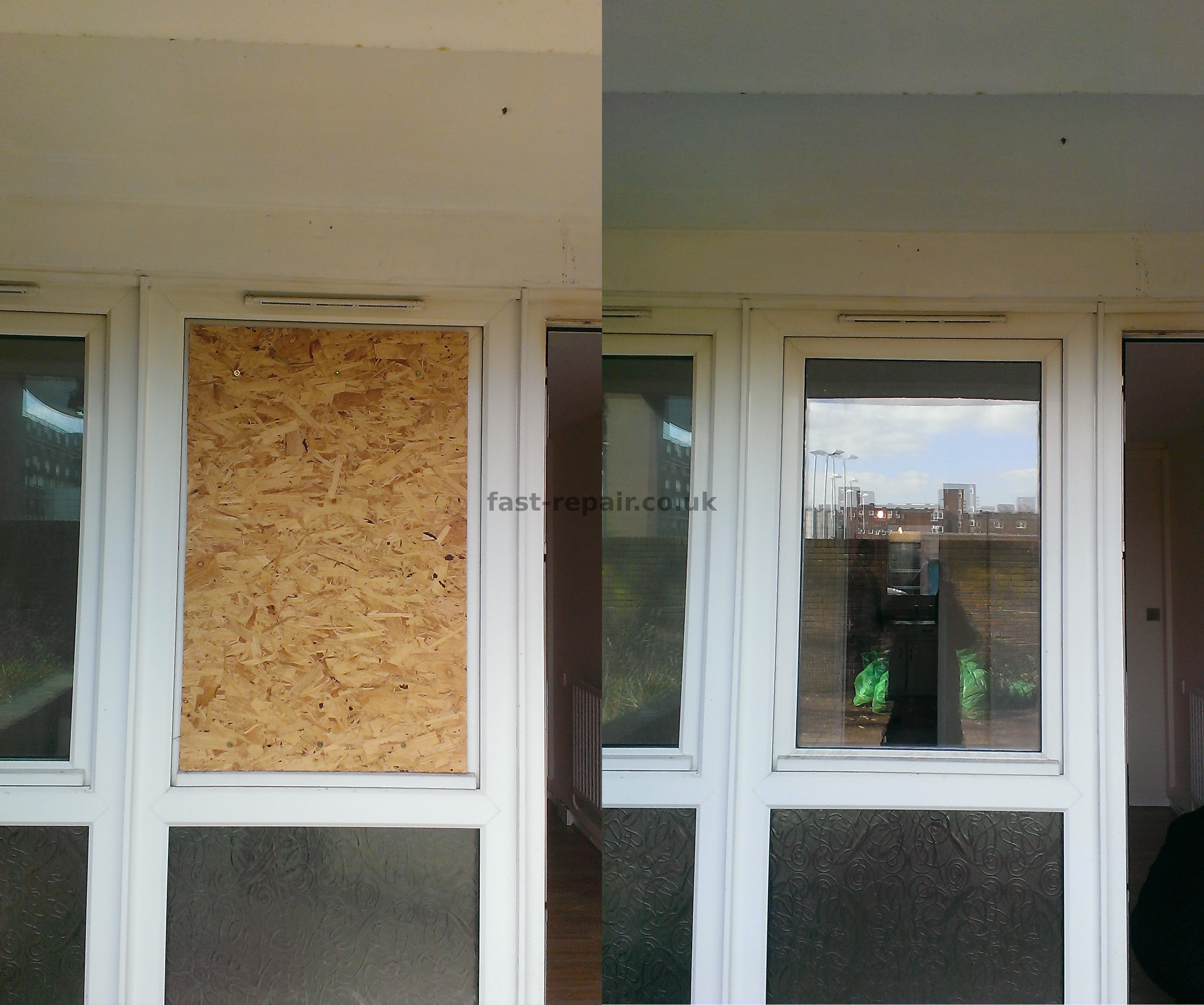 smashed window replaced with plywood, then replaced with double glazed unit