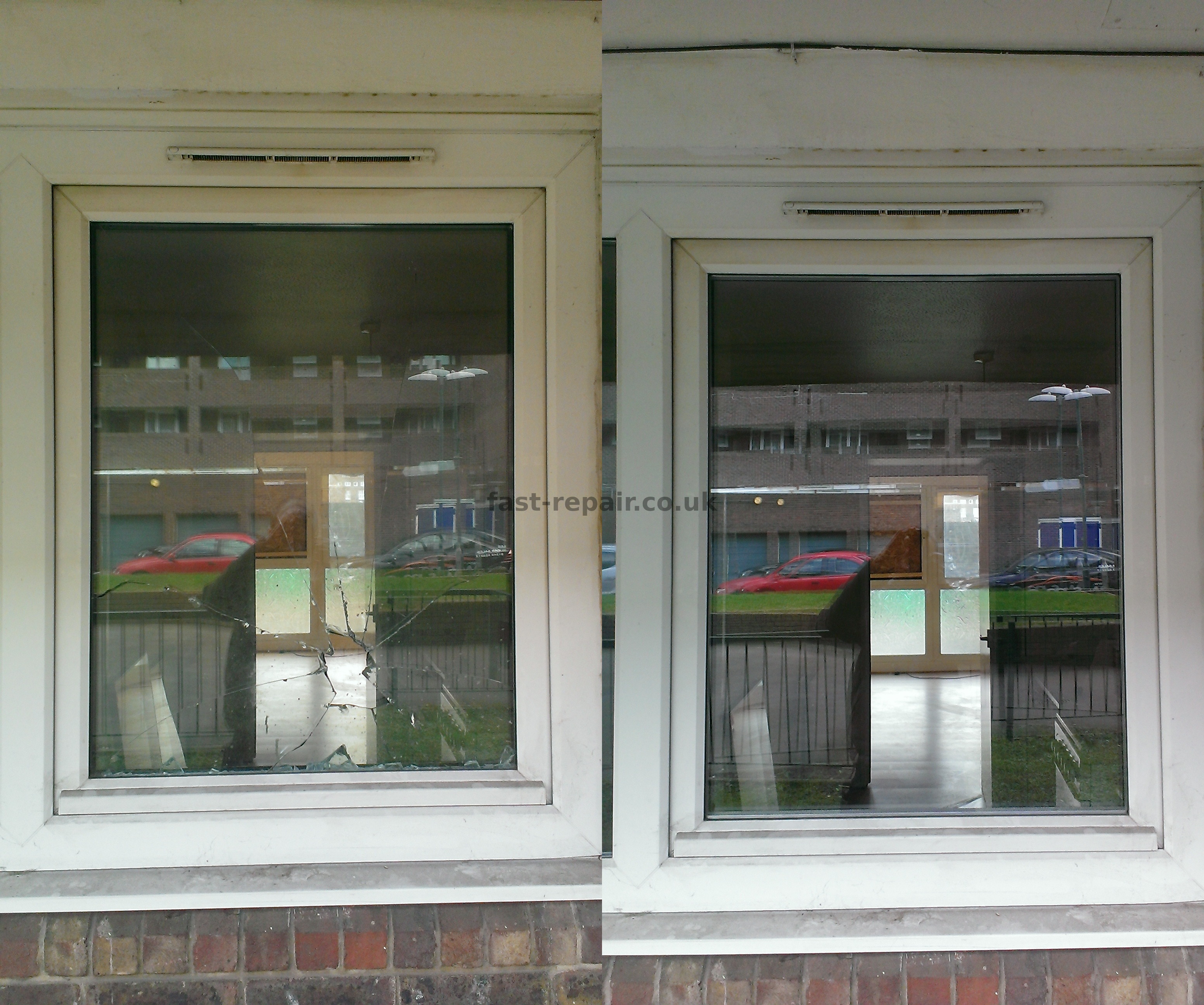 window glass cracked by brick made a hole through it