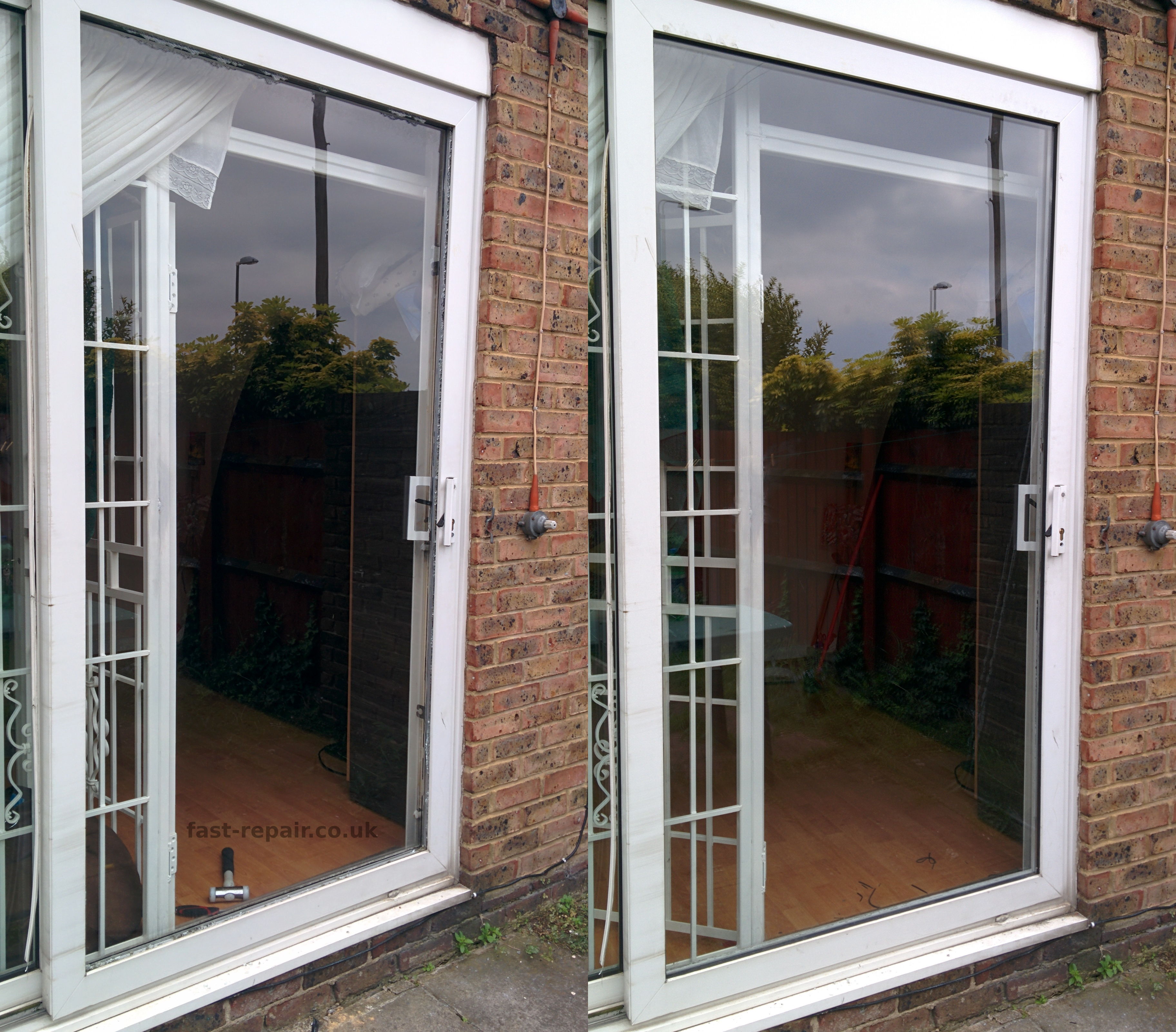 one pane sliding door glass smashed by lawnmower stone